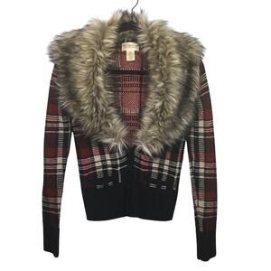 Denim & Supply Ralph Lauren Faux Fur Button Down Wool Blend Plaid Cardigan XS